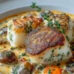Blanquette de cabillaud servie dans une assiette creuse, nappée d’une sauce crémeuse aux légumes et accompagnée de riz blanc.