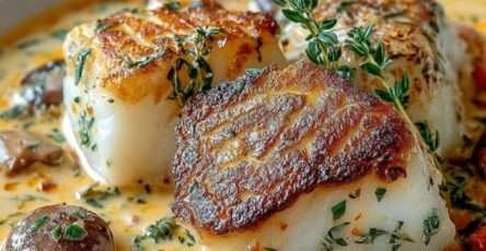 Blanquette de cabillaud servie dans une assiette creuse, nappée d’une sauce crémeuse aux légumes et accompagnée de riz blanc.