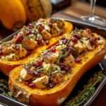 courge butternut farcie au poulet, aux canneberges séchées, à la feta et au thym frais, dorée au four et servie chaude.