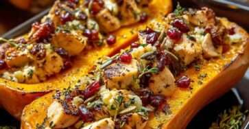 courge butternut farcie au poulet, aux canneberges séchées, à la feta et au thym frais, dorée au four et servie chaude.