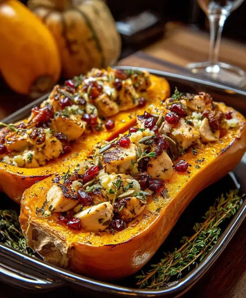 courge butternut farcie au poulet, aux canneberges séchées, à la feta et au thym frais, dorée au four et servie chaude.