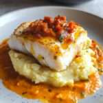 dos de cabillaud nappé d’une sauce crémeuse au chorizo, servi sur un écrasé de pommes de terre et garni de ciboulette fraîche.