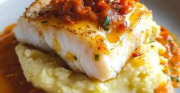 dos de cabillaud nappé d’une sauce crémeuse au chorizo, servi sur un écrasé de pommes de terre et garni de ciboulette fraîche.