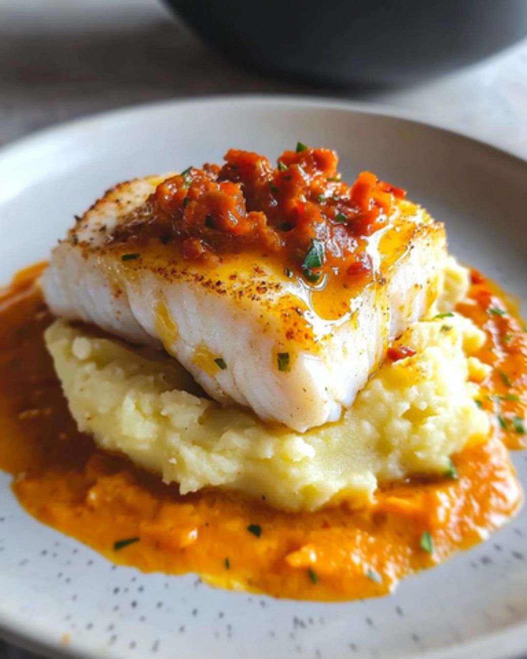 dos de cabillaud nappé d’une sauce crémeuse au chorizo, servi sur un écrasé de pommes de terre et garni de ciboulette fraîche.
