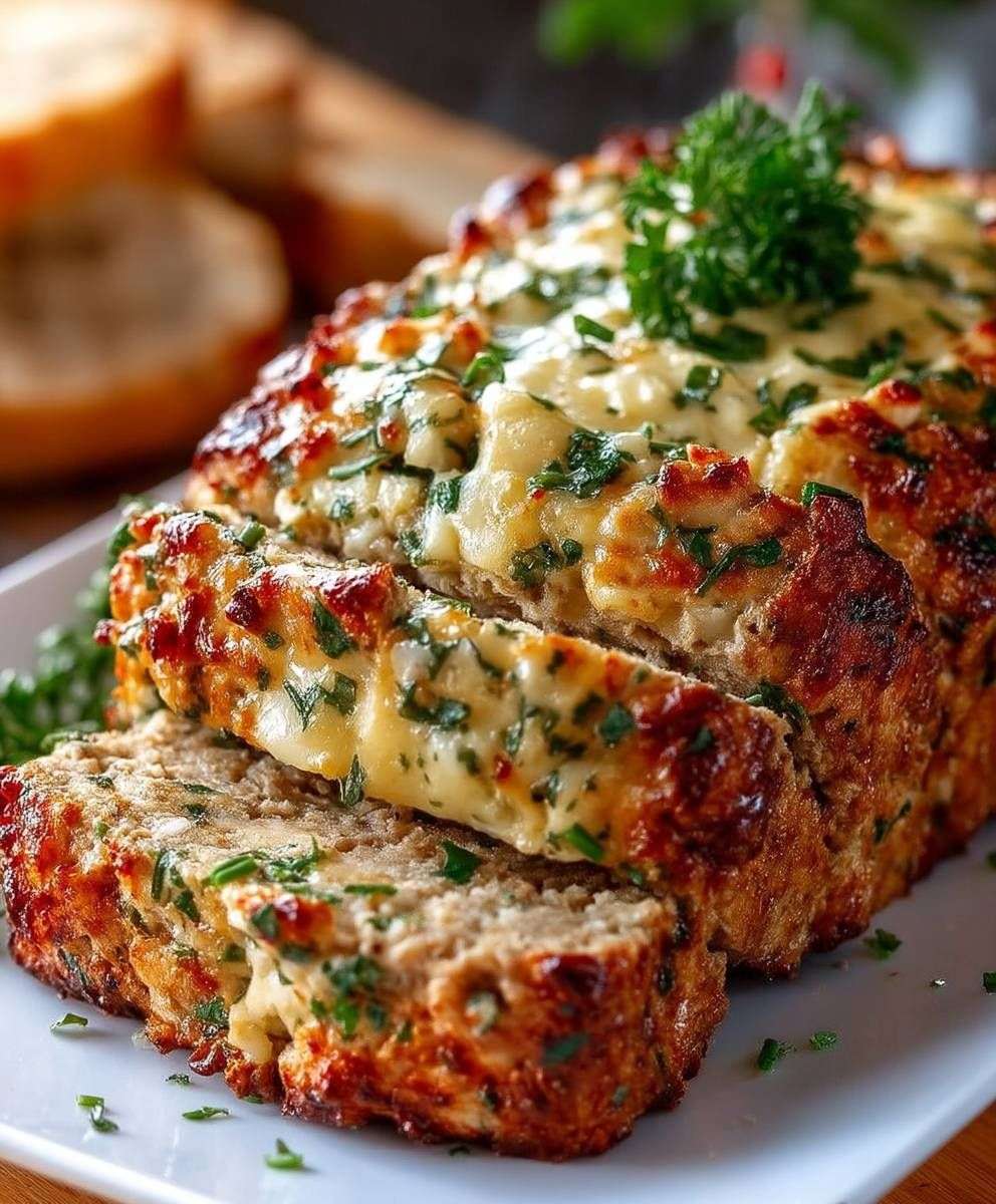 Pain de viande au poulet, ail et parmesan doré au four, tranché sur une planche, accompagné d’herbes fraîches et de légumes rôtis.