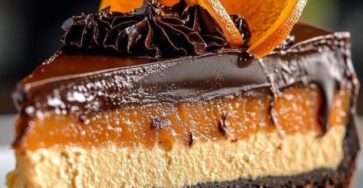 Cheesecake au chocolat et à l’orange avec ganache brillante, décoré de tranches d’orange confite et de copeaux de chocolat sur une assiette élégante.
