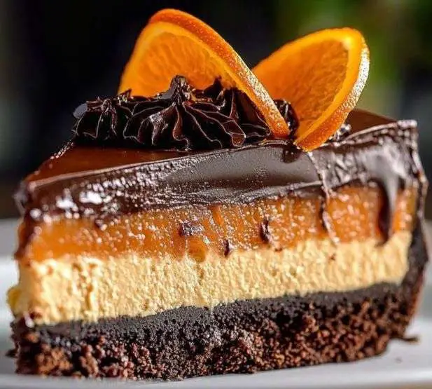 Cheesecake au chocolat et à l’orange avec ganache brillante, décoré de tranches d’orange confite et de copeaux de chocolat sur une assiette élégante.