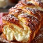 Babka au mascarpone dorée et tressée, coupée en tranches sur une planche, saupoudrée de sucre glace et garnie de zestes d’orange.