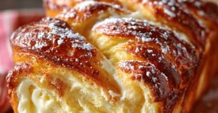 Babka au mascarpone dorée et tressée, coupée en tranches sur une planche, saupoudrée de sucre glace et garnie de zestes d’orange.
