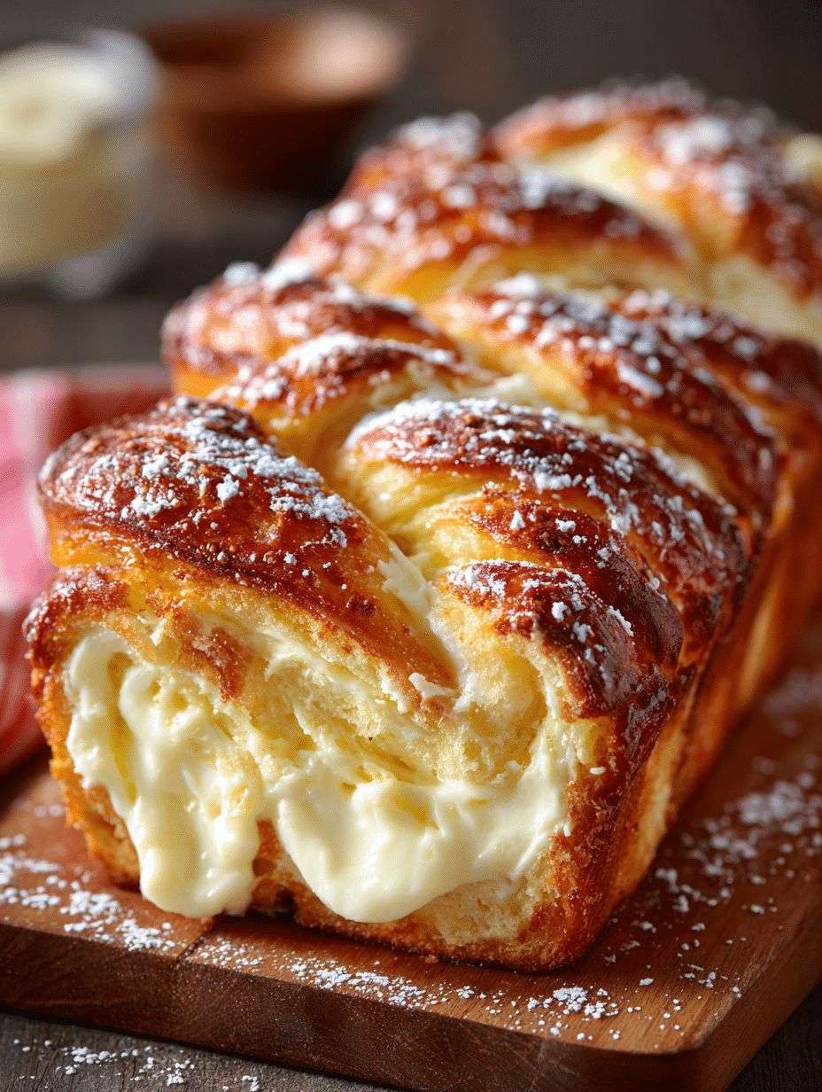 Babka au mascarpone dorée et tressée, coupée en tranches sur une planche, saupoudrée de sucre glace et garnie de zestes d’orange.