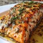 Filets de saumon dorés nappés d’une sauce crémeuse au beurre, à l’ail, au parmesan et aux herbes fraîches, servis dans une poêle en fonte.