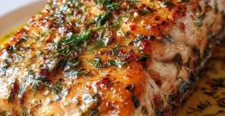 Filets de saumon dorés nappés d’une sauce crémeuse au beurre, à l’ail, au parmesan et aux herbes fraîches, servis dans une poêle en fonte.