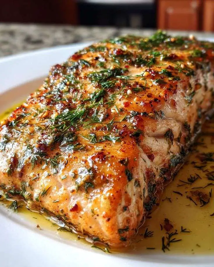 Filets de saumon dorés nappés d’une sauce crémeuse au beurre, à l’ail, au parmesan et aux herbes fraîches, servis dans une poêle en fonte.