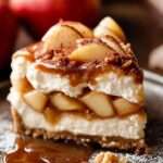 Cheesecake aux pommes caramélisées avec un nappage doré au caramel et des morceaux de pommes fondantes sur une base biscuitée croustillante.