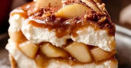 Cheesecake aux pommes caramélisées avec un nappage doré au caramel et des morceaux de pommes fondantes sur une base biscuitée croustillante.