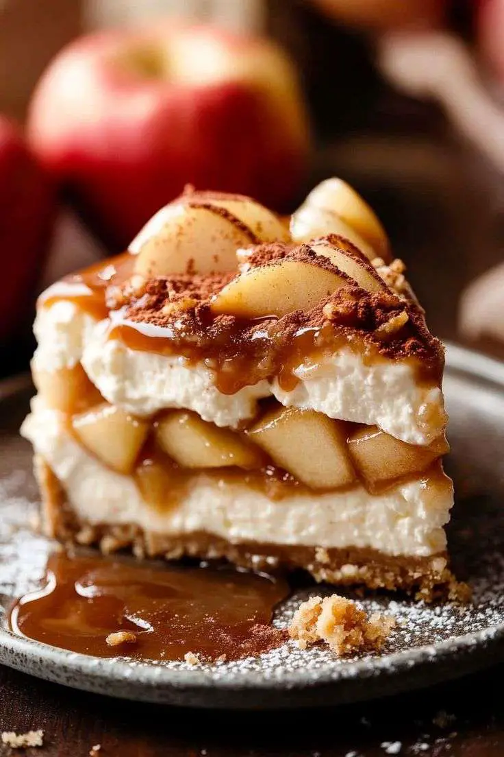 Cheesecake aux pommes caramélisées avec un nappage doré au caramel et des morceaux de pommes fondantes sur une base biscuitée croustillante.