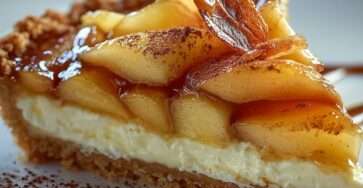 Fondant aux pommes et mascarpone sur base biscuitée, décoré de noix de pécan caramélisées et d’un filet de sirop d’érable doré.