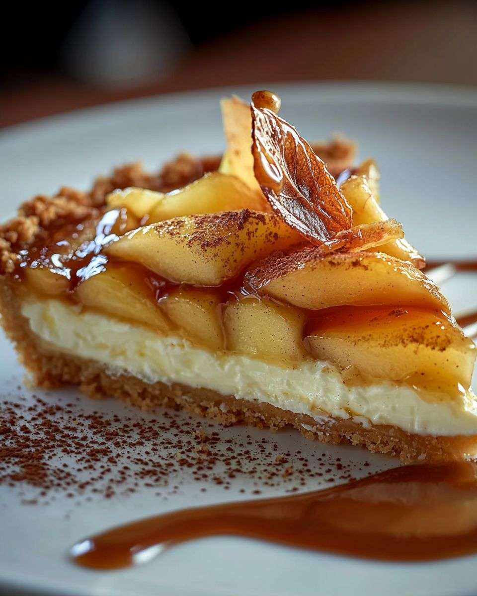 Fondant aux pommes et mascarpone sur base biscuitée, décoré de noix de pécan caramélisées et d’un filet de sirop d’érable doré.