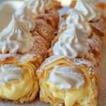 Cannolis au citron meringuée sur assiette blanche, dessert italien croustillant garni de crème citron et meringue dorée.