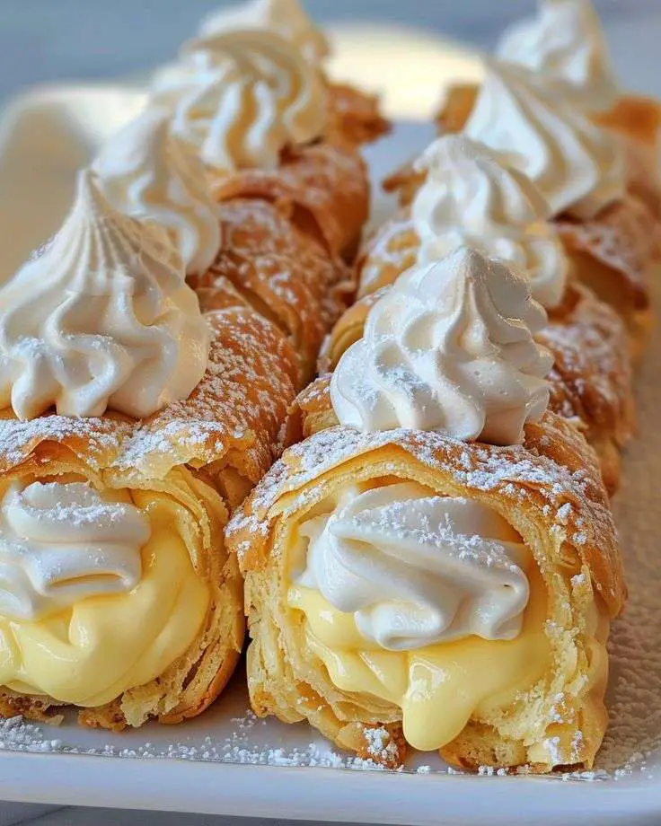 Cannolis au citron meringuée sur assiette blanche, dessert italien croustillant garni de crème citron et meringue dorée.