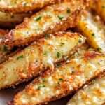 pommes de terre au four, dorées à l’ail et au parmesan, servies chaudes avec du persil frais ciselé.