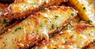 pommes de terre au four, dorées à l’ail et au parmesan, servies chaudes avec du persil frais ciselé.