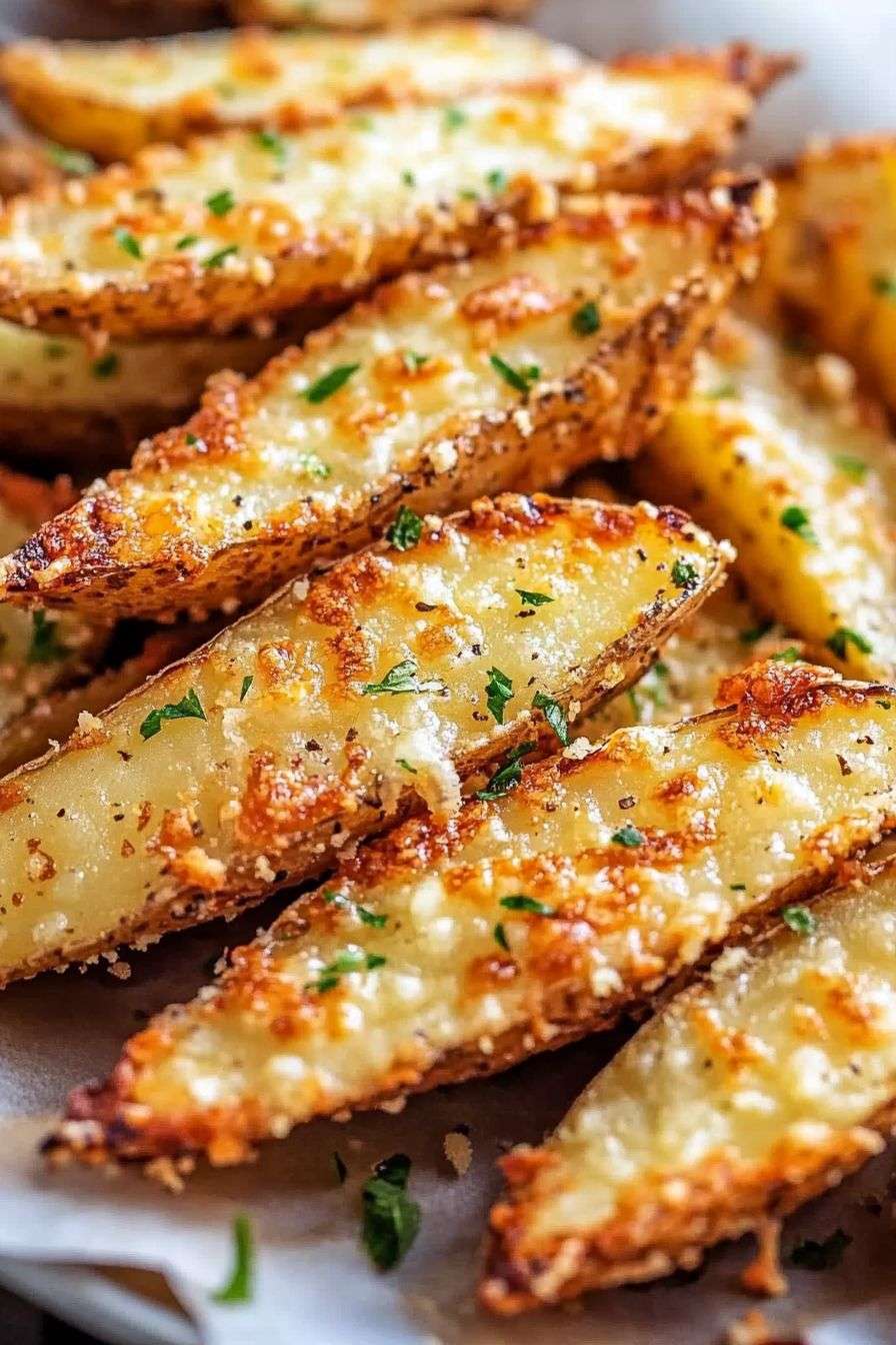 pommes de terre au four, dorées à l’ail et au parmesan, servies chaudes avec du persil frais ciselé.