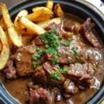 Carbonade flamande servie dans une cocotte, nappée de sauce brune, accompagnée de frites croustillantes.