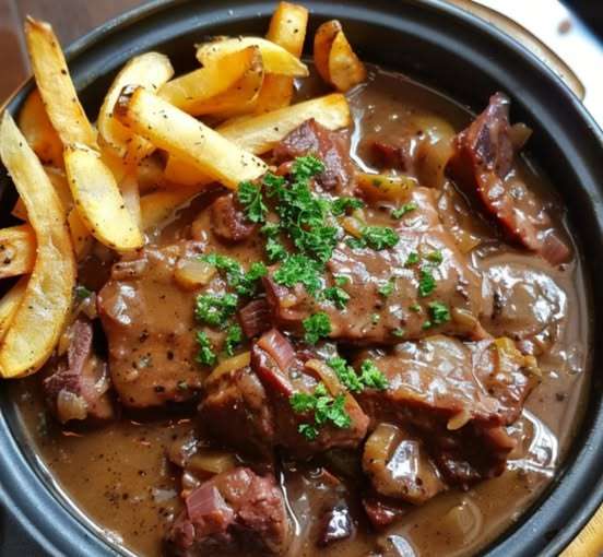 Carbonade flamande servie dans une cocotte, nappée de sauce brune, accompagnée de frites croustillantes.