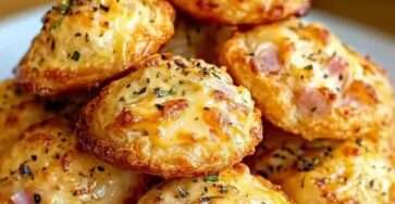 Cookies salés dorés au parmesan et jambon, disposés sur une planche, accompagnés d’herbes fraîches et de copeaux de fromage.