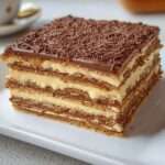 Part de gâteau Petit Beurre au café sans cuisson, alternant couches de biscuits imbibés et de crème vanillée, décorée de vermicelles de chocolat.