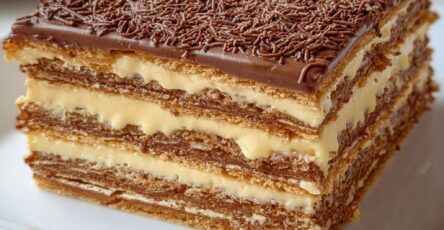 Part de gâteau Petit Beurre au café sans cuisson, alternant couches de biscuits imbibés et de crème vanillée, décorée de vermicelles de chocolat.