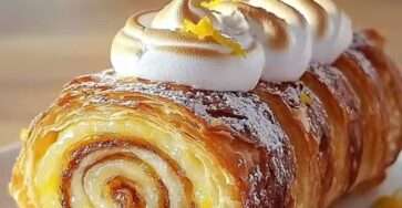 Roll citron meringué à la New-Yorkaise : rouleau feuilleté garni de lemon curd crémeux et surmonté d’une meringue dorée au chalumeau, présenté sur assiette gourmande.