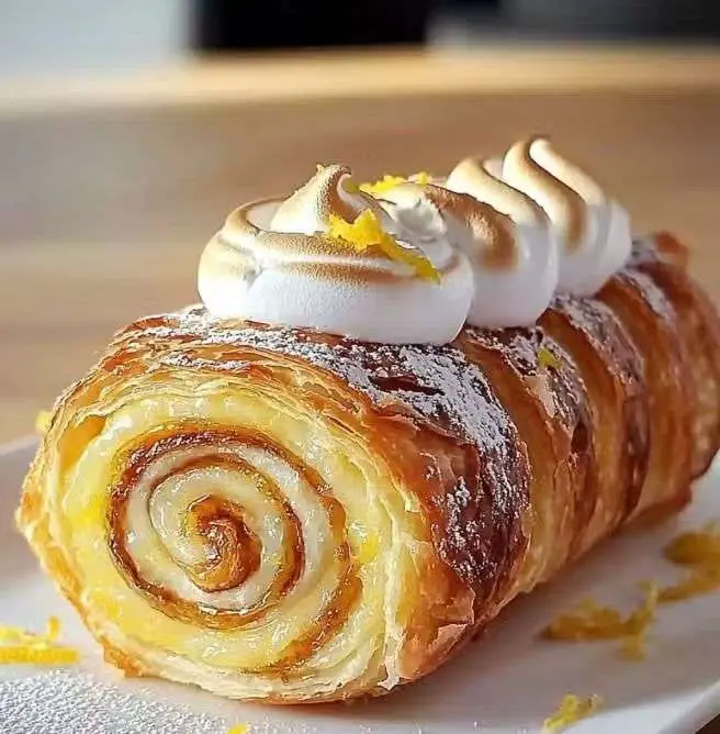 Roll citron meringué à la New-Yorkaise : rouleau feuilleté garni de lemon curd crémeux et surmonté d’une meringue dorée au chalumeau, présenté sur assiette gourmande.