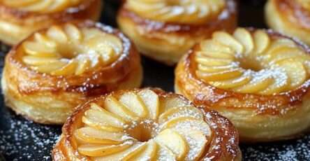 Tartelettes aux pommes dorées sur pâte feuilletée croustillante, disposées en rosace et nappées d’un glaçage brillant à la confiture d’abricot.