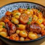 Cassoulet maison traditionnel servi dans une cassole en terre cuite, garni de haricots blancs, confit de canard doré, saucisses et lard fumé, prêt à déguster.