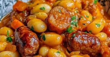 Cassoulet maison traditionnel servi dans une cassole en terre cuite, garni de haricots blancs, confit de canard doré, saucisses et lard fumé, prêt à déguster.