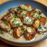 Sauté de porc crémeux aux champignons de Paris et persil frais, nappé d’une sauce onctueuse, servi avec du riz parfumé.