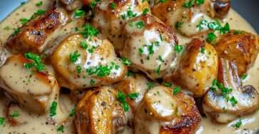 Sauté de porc crémeux aux champignons de Paris et persil frais, nappé d’une sauce onctueuse, servi avec du riz parfumé.