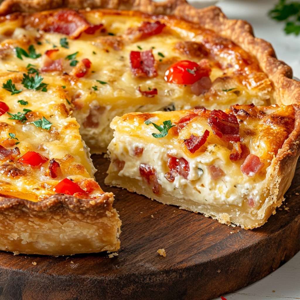 Tarte salée à la cancoillotte et lardons dorée au four, servie avec persil frais