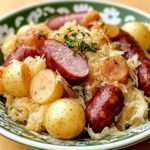 Choucroute garnie à l’alsacienne servie dans un grand plat rustique avec chou fermenté, saucisses, palette fumée, poitrine, pommes de terre et persil frais.
