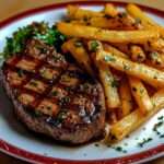 Assiette de steak-frites à la française avec un steak grillé juteux et des frites maison croustillantes, servies avec persil frais