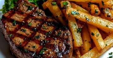 Assiette de steak-frites à la française avec un steak grillé juteux et des frites maison croustillantes, servies avec persil frais