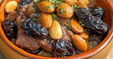 Tajine marocain d’agneau mijoté aux pruneaux, amandes grillées et miel, servi avec coriandre fraîche et semoule.