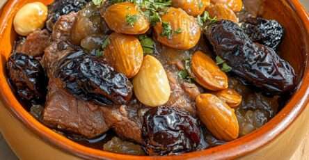 Tajine marocain d’agneau mijoté aux pruneaux, amandes grillées et miel, servi avec coriandre fraîche et semoule.
