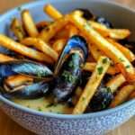 Plat de moules-frites traditionnelles : moules en sauce crémeuse au vin blanc et persil, servies avec des frites maison croustillantes.