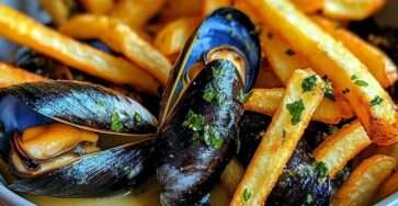 Plat de moules-frites traditionnelles : moules en sauce crémeuse au vin blanc et persil, servies avec des frites maison croustillantes.