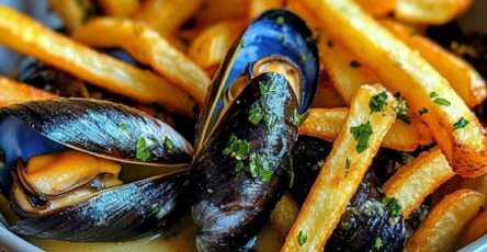 Plat de moules-frites traditionnelles : moules en sauce crémeuse au vin blanc et persil, servies avec des frites maison croustillantes.