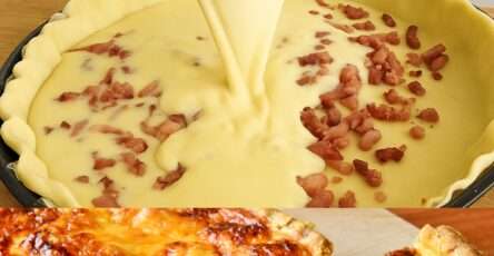 Quiche Lorraine dorée et moelleuse, garnie de lardons fumés, servie tiède sur une planche avec une salade verte fraîche.