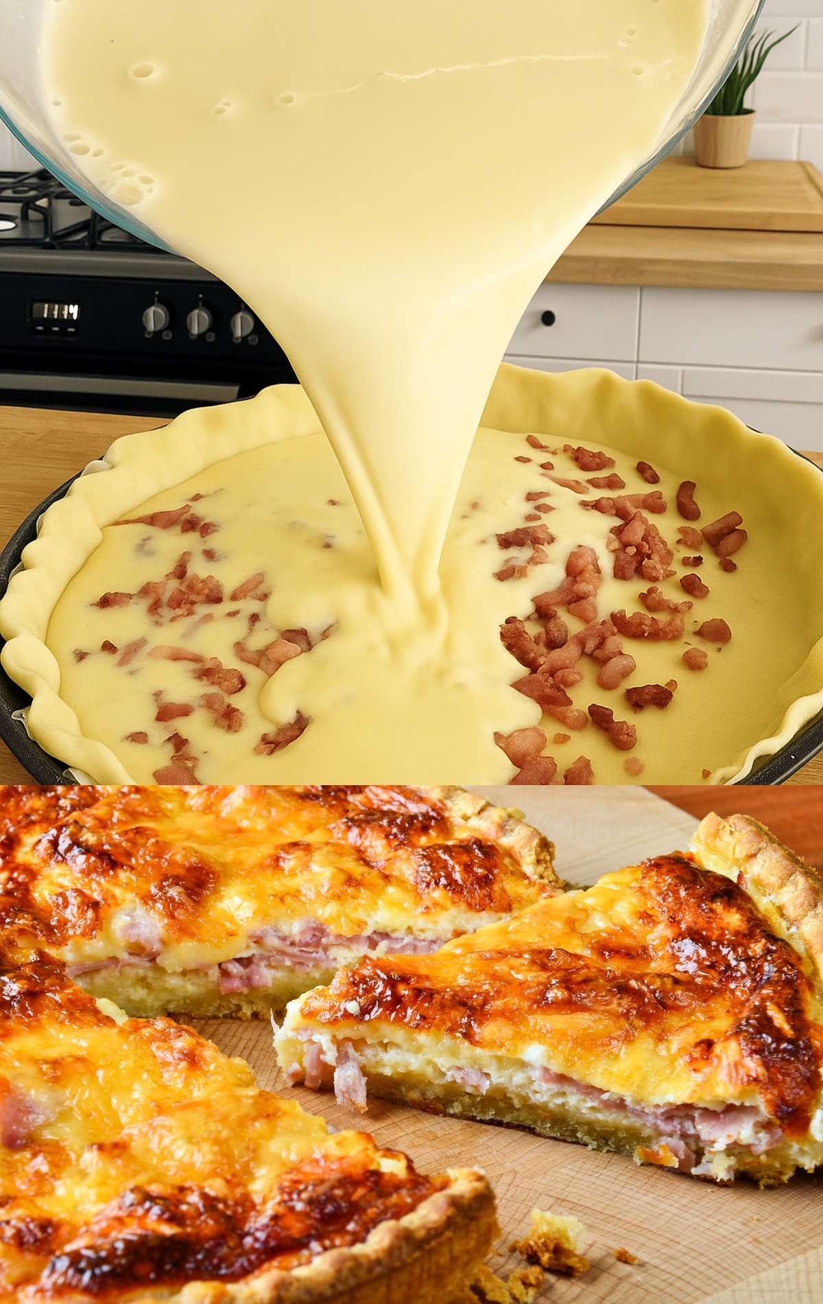 Quiche Lorraine dorée et moelleuse, garnie de lardons fumés, servie tiède sur une planche avec une salade verte fraîche.